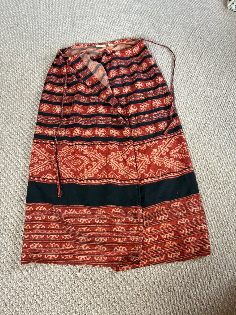 Vintage 90s LIMITED Silk Maxi True Wrap Skirt Size M Ikat Print Pencil Boho